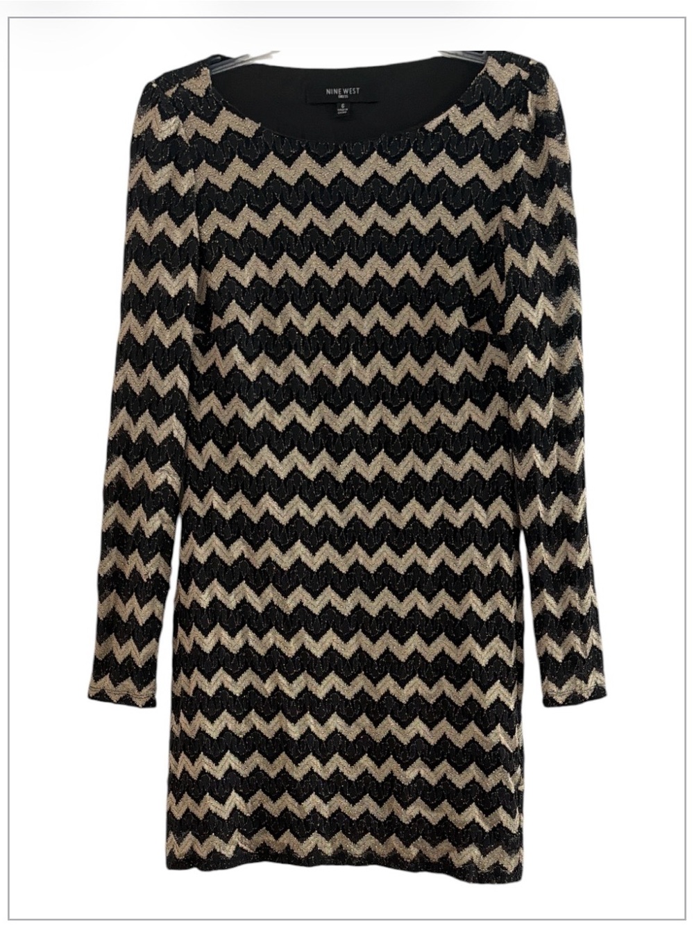 Nine West Black and Gold Metallic Chevron Long Sleeve Knit Dress Size 6
